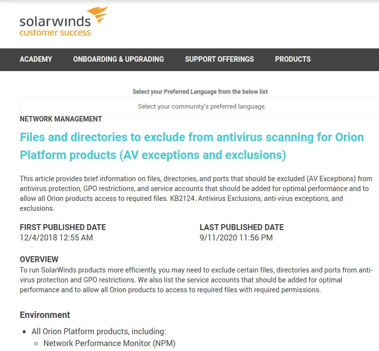 SolarWinds Support Page